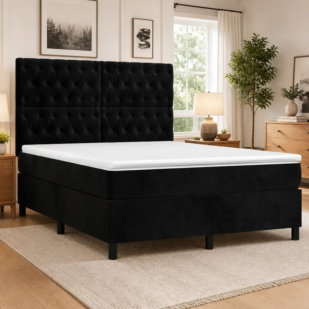 Queen Size Box Spring Bed with Pocket Spring Mattress Black Velvet Headboard
