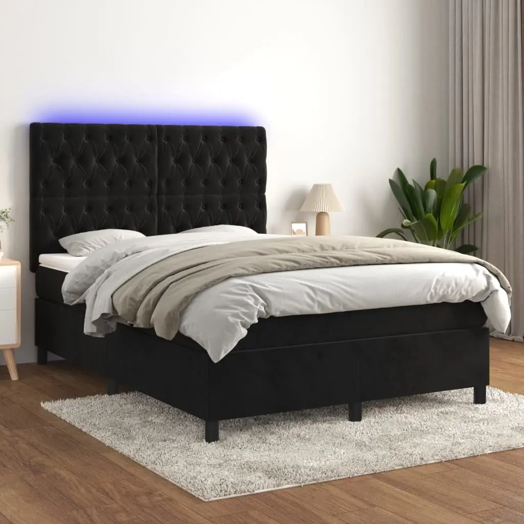 Double Box Spring Bed with Pocket Spring Mattress LED Headboard Black Velvet