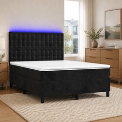 Queen Size Box Spring Bed with Pocket Spring Mattress LED Headboard Black Velvet