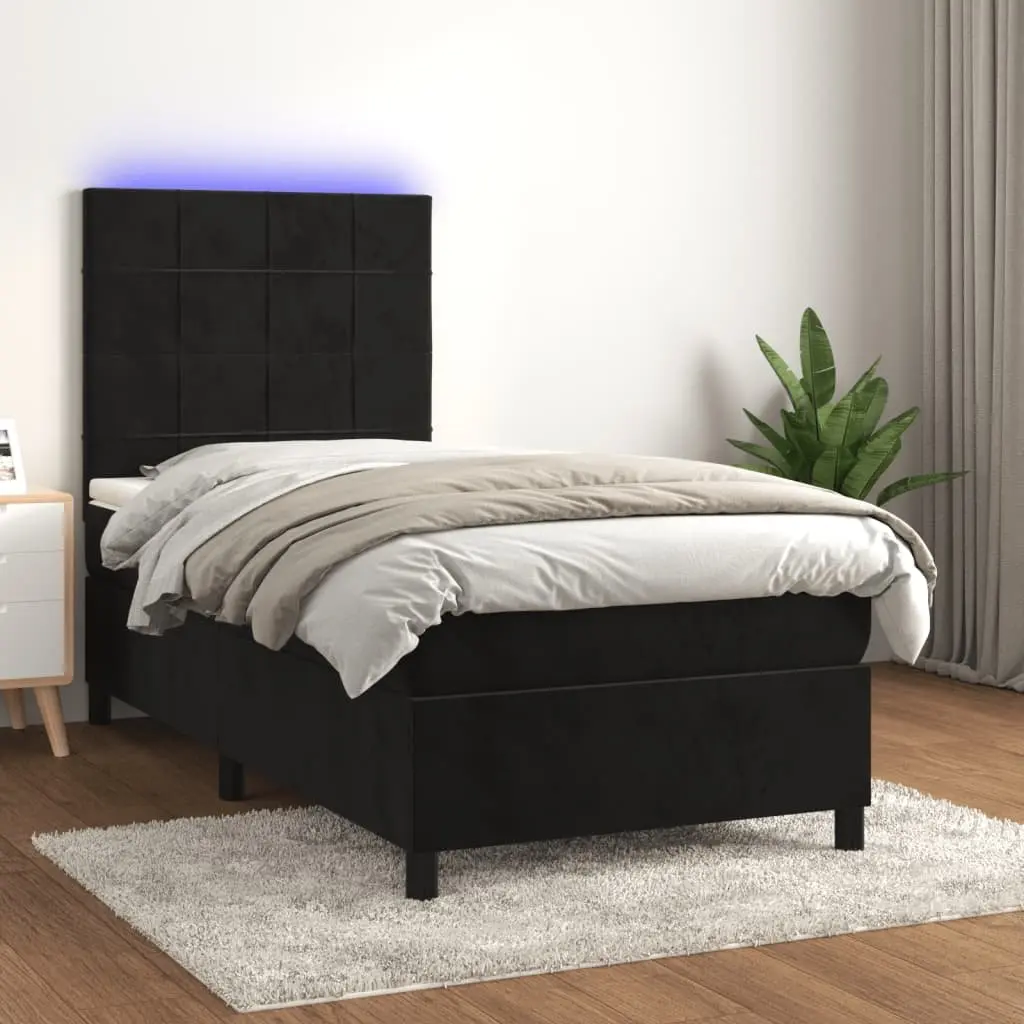 King Single Box Spring Bed with Pocket Spring Mattress LED Headboard Black