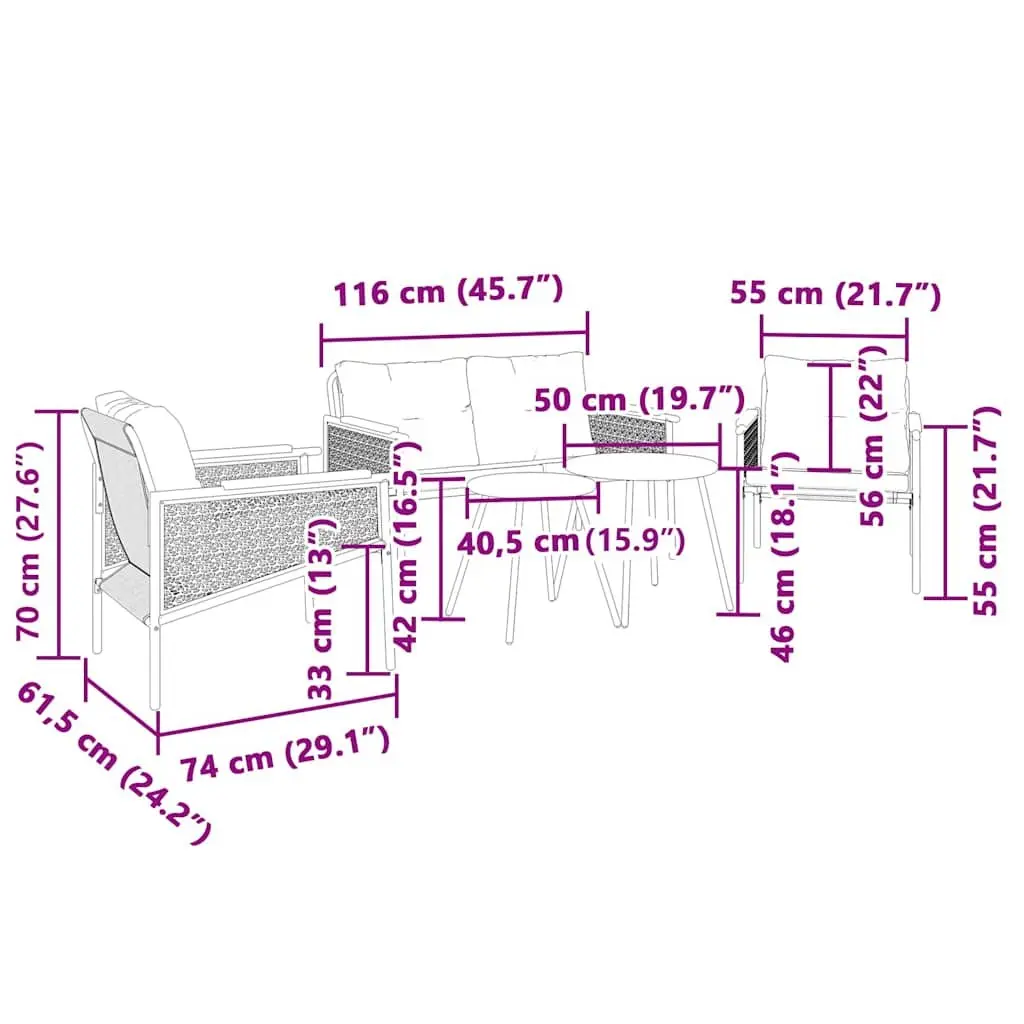 5 Piece Balcony Furniture Set Outdoor Patio Black Steel Frame with Cushions
