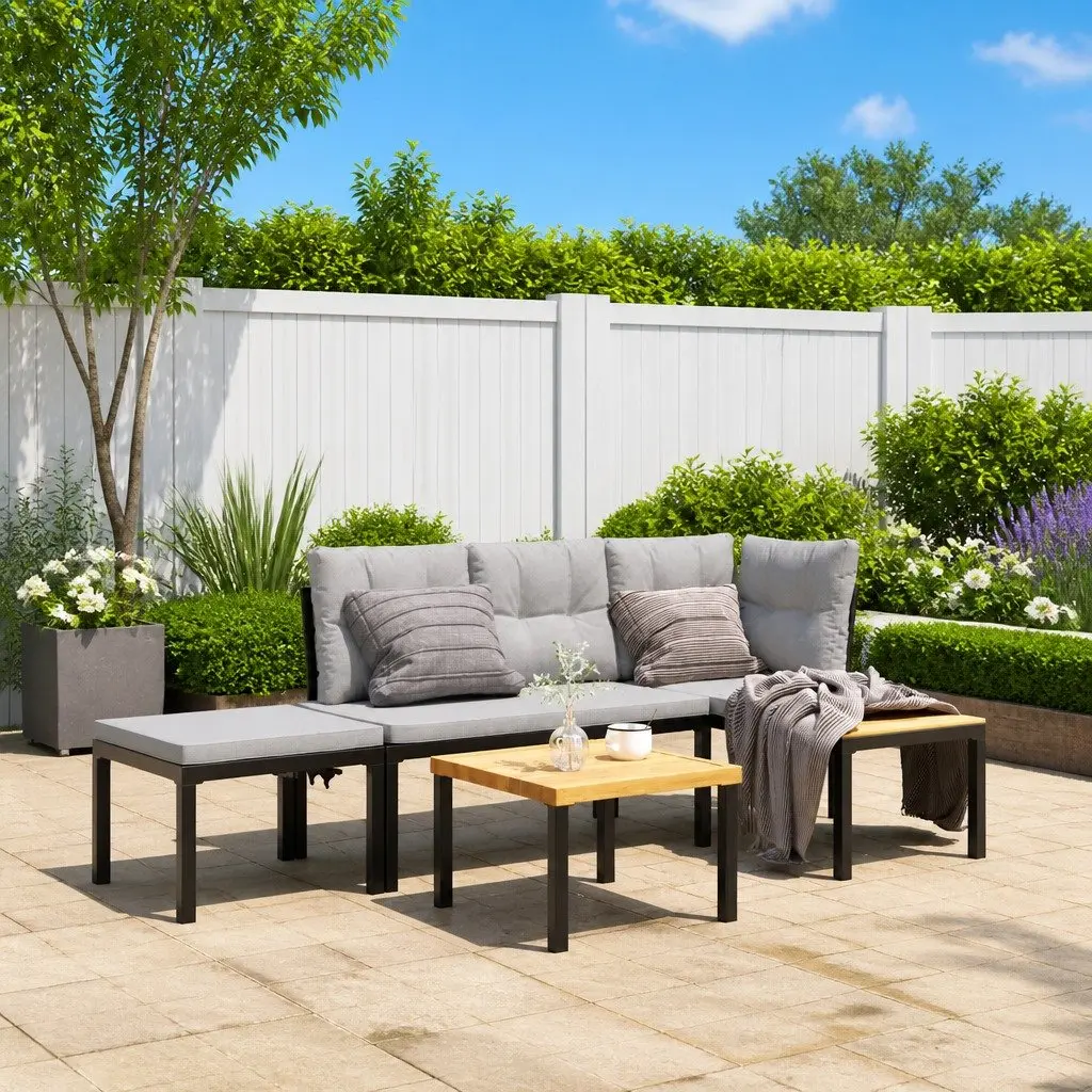 Garden Bench Set Outdoor Furniture with Cushions Black Steel Frame 3 Piece