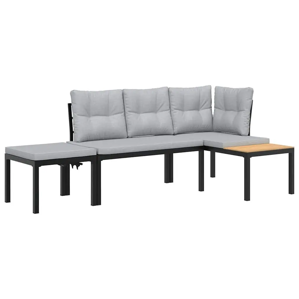 Garden Bench Set Outdoor Furniture with Cushions Black Steel Frame 3 Piece