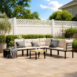 5-Piece Modular Garden Bench Set with Black Cushions