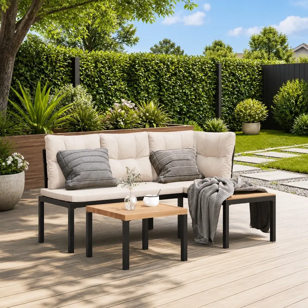 Garden Bench Set for Outdoor Use 3 Pieces with Cushions Steel Frame