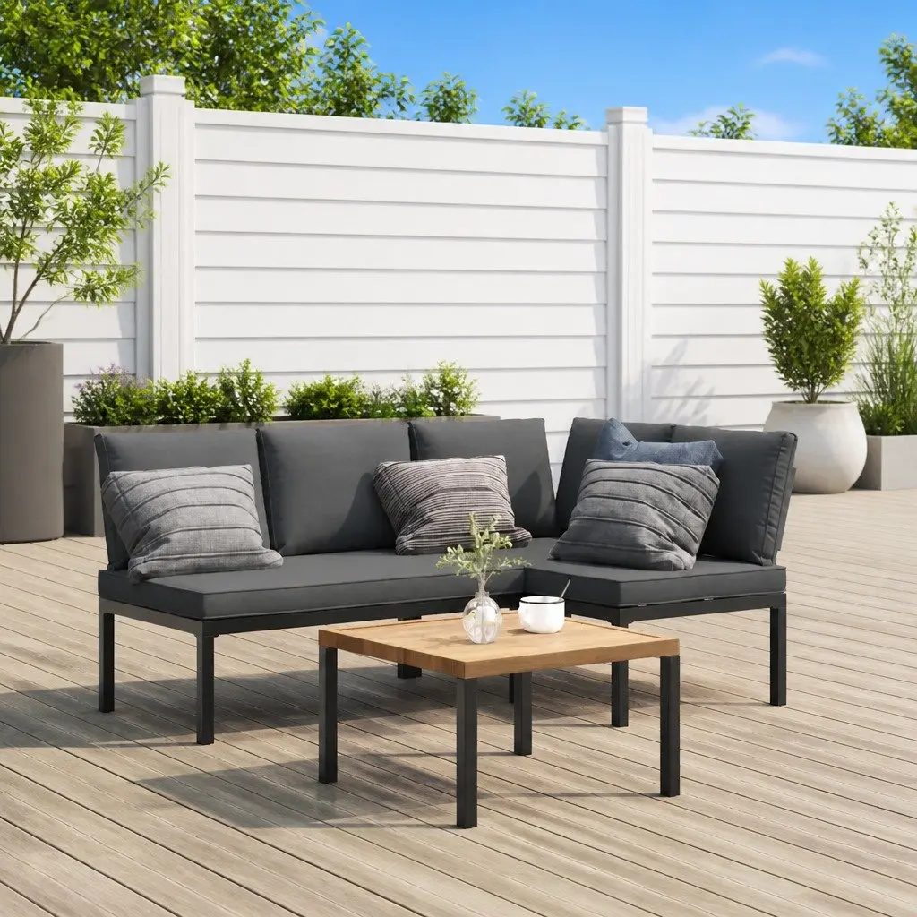 3 Piece Outdoor Garden Sofa Set for Patio Black Aluminium with Cushions