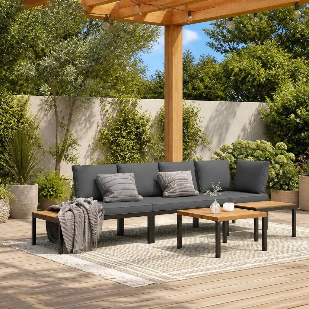4 Piece Outdoor Garden Sofa Set for Patio Black Aluminium with Cushions
