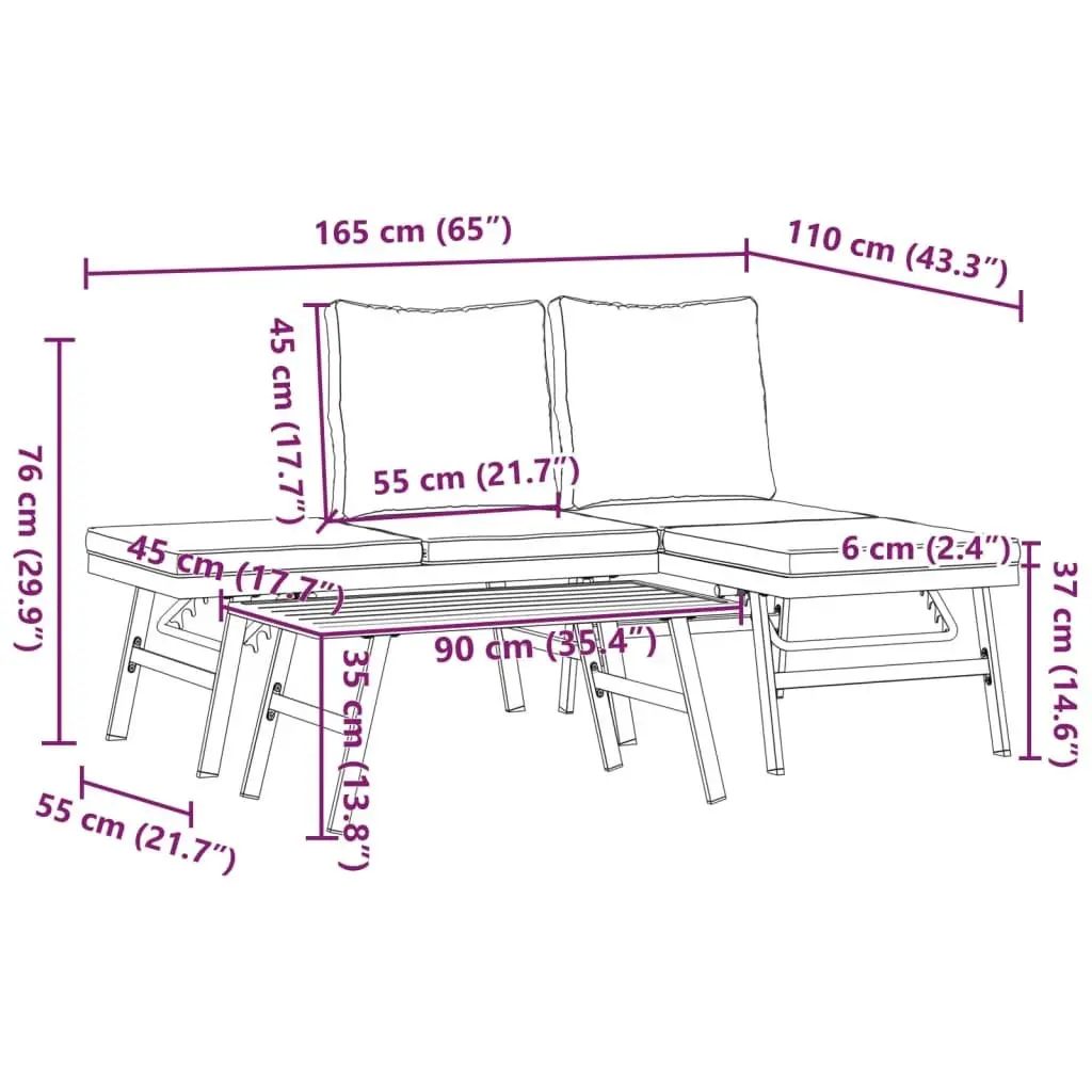 3 Piece Garden Bench Set Adjustable Lounger Outdoor Patio Furniture with