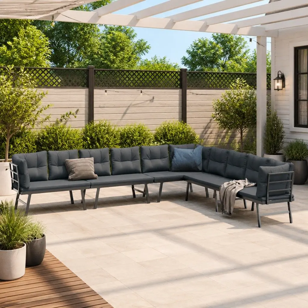 Cushioned Garden Benches Set 4 Piece for Outdoor Patio Seating Black Steel Frame