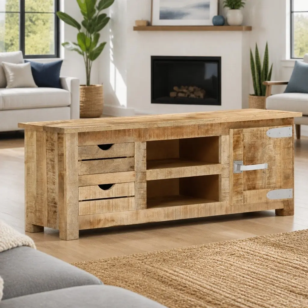 TV Cabinet Living Room 110x30x40 cm Rough Mango Wood Sideboard with Drawers Compartments