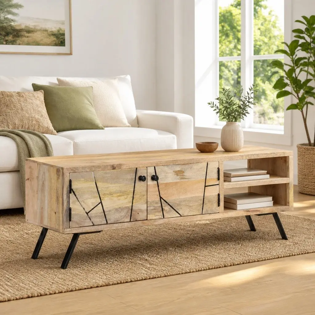 TV Cabinet 110x30x40 cm Mango Wood Beige Sideboard