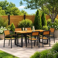 7 Piece Rectangular Dining Set - Acacia Wood & Steel