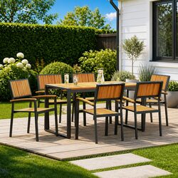 7 Piece Patio Dining Set: Black Acacia Wood & Steel