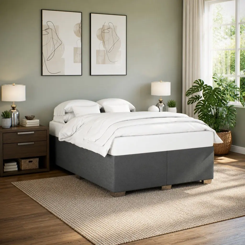 Queen Bed Frame Grey Fabric Upholstered Bedroom Furniture Slat Support
