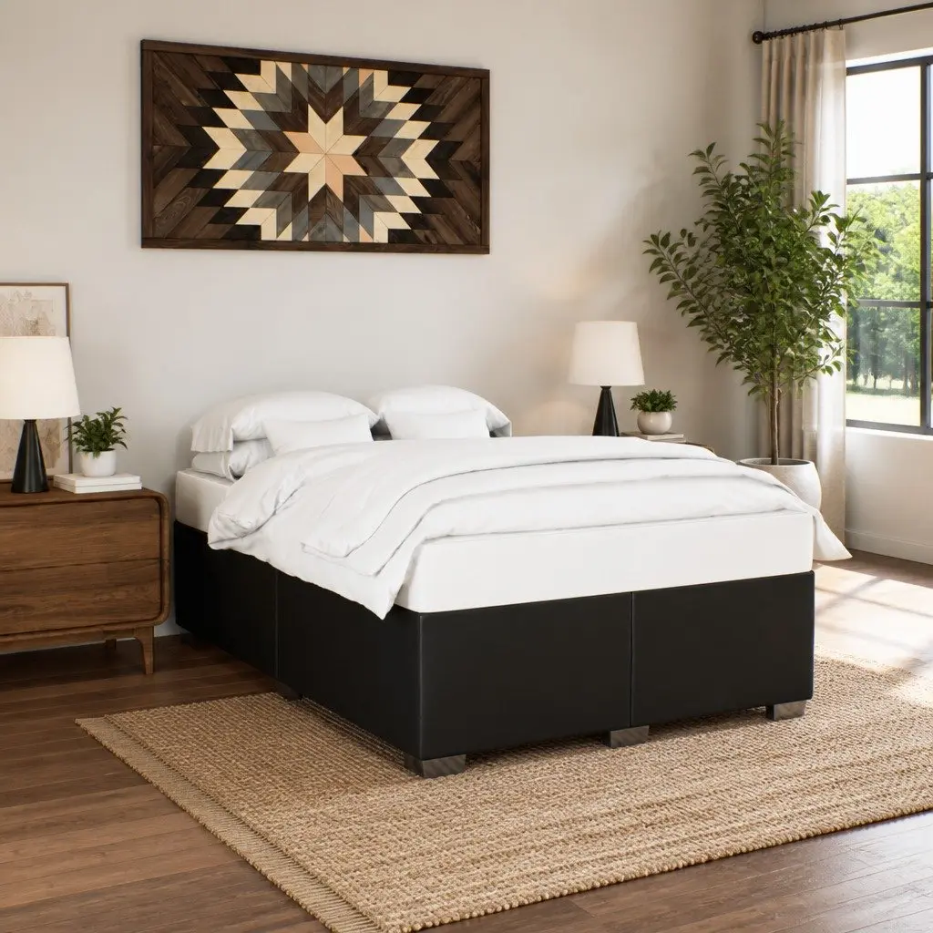 Queen-Sized Black Faux Leather Bed Frame with Slats