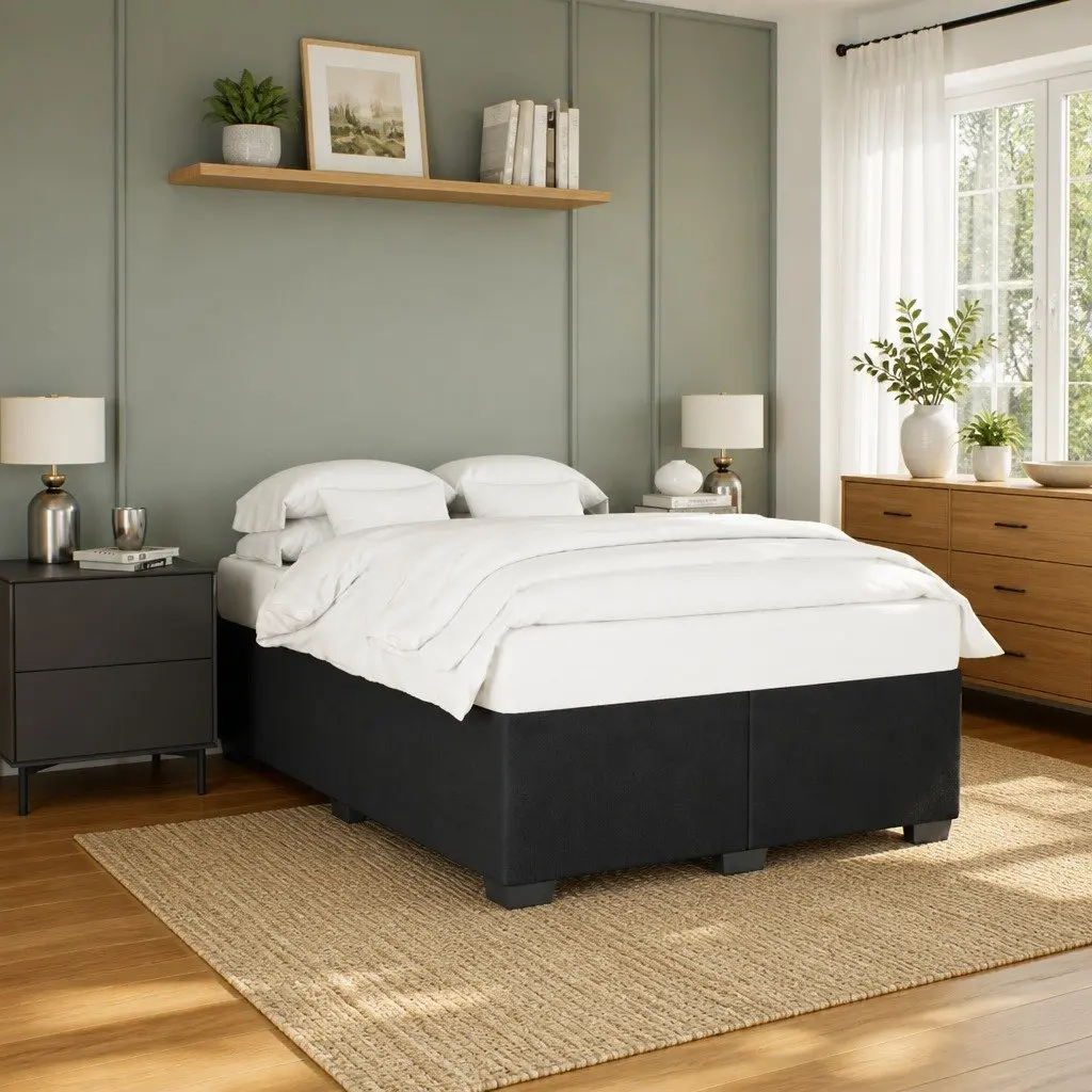 Double Bed Frame Black Velvet Upholstered Sturdy Feet Slat Support Bedroom