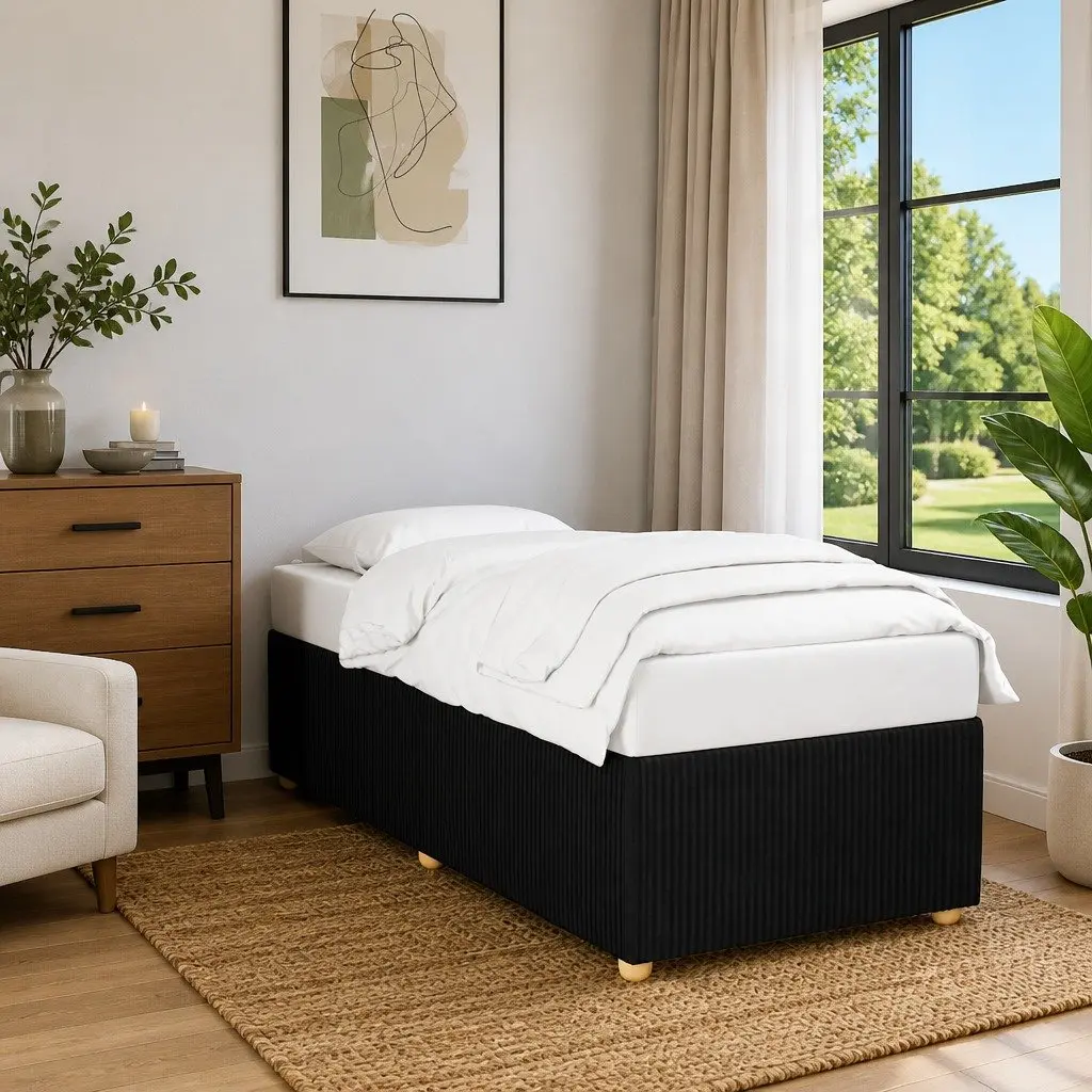 Bed Frame Bedroom 90x190 cm Black Fabric Upholstered Slatted Base