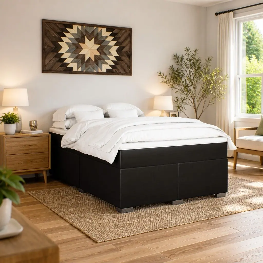 Queen Size Box Spring Bed with Pocket Mattress Black Faux Leather Frame