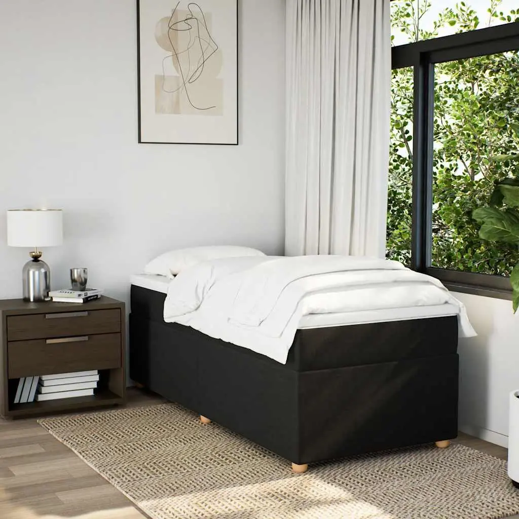 King Single Box Spring Bed with Pocket Mattress Topper Black Fabric Bedroom