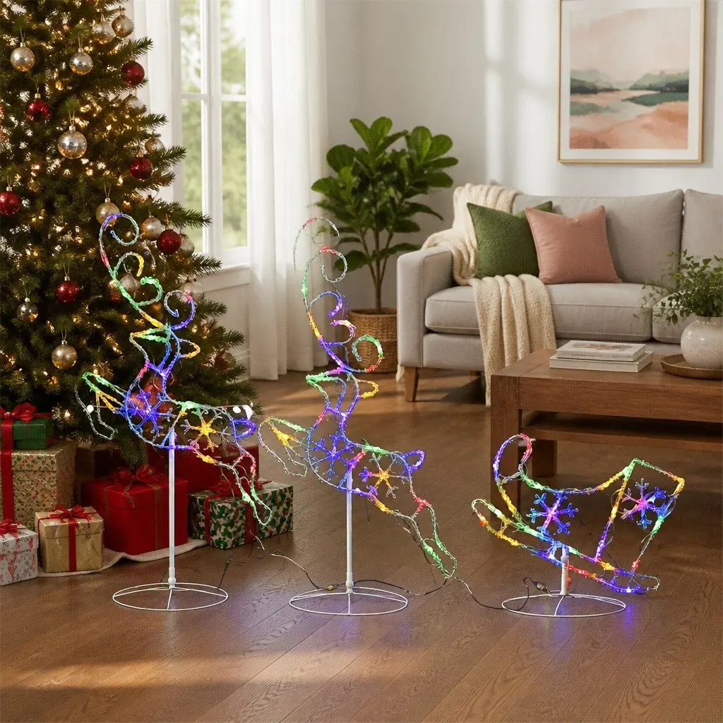 Christmas Flying Reindeer Sleigh Decoration LED Lights Outdoor Garden Acrylic