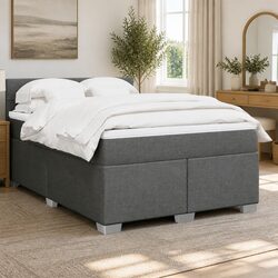 Queen Box Spring Bed with Pocket Mattress Black Fabric Bedroom Furniture