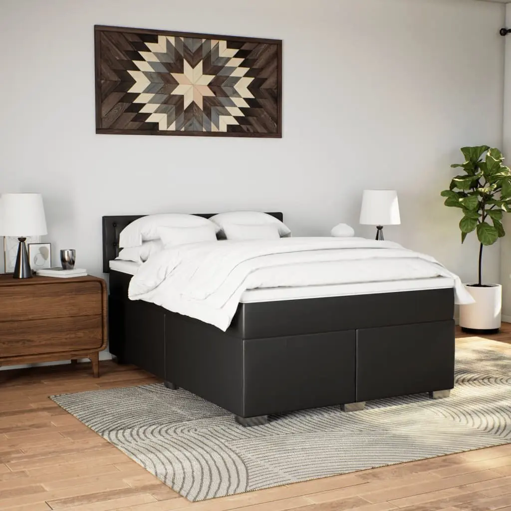 Pocket Spring Mattress Queen Bed Frame Faux Leather Upholstered Black with Slatted Base