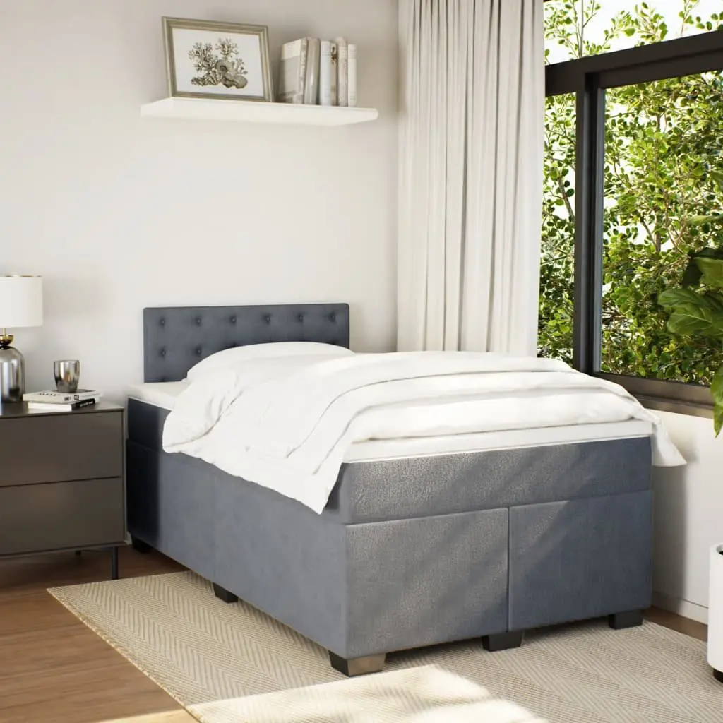 Double Box Spring Bed with Mattress Dark Grey Velvet Bedroom Bed Frame Set