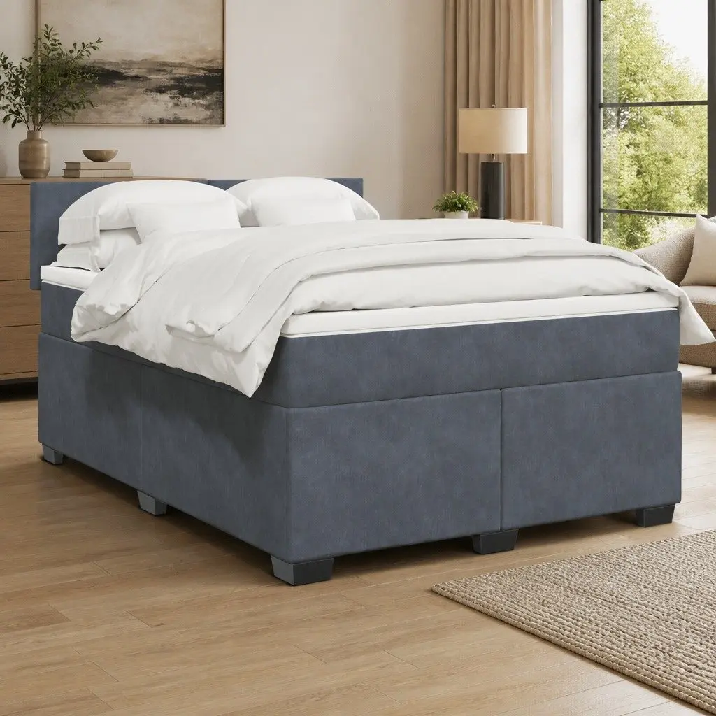 Box Spring Bed with Pocket Mattress for Bedroom Queen Size Velvet Upholstered Frame