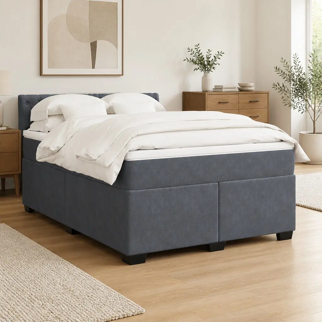 Queen Size Velvet Upholstered Box Spring Bed
