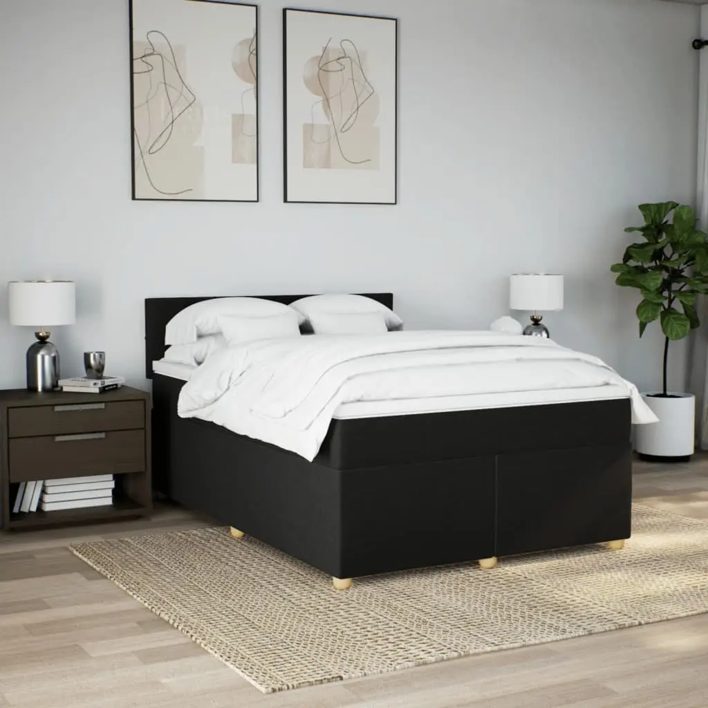 Double Box Spring Bed with Pocket Mattress Black Fabric Bedroom Furniture