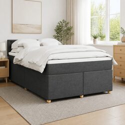 Double Box Spring Bed with Pocket Mattress Grey Fabric Frame Slats Support