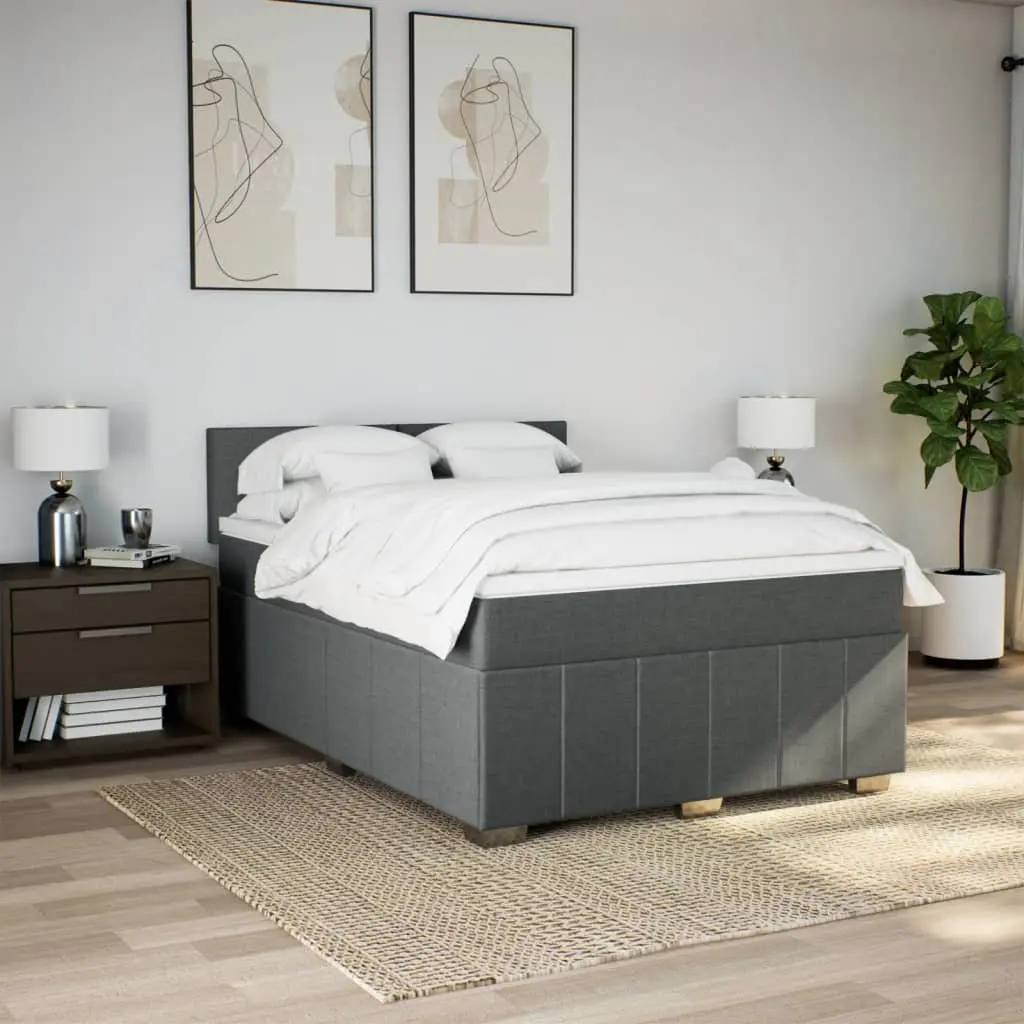 Queen Box Spring Bed with Pocket Sprung Mattress Grey Upholstered Fabric Frame