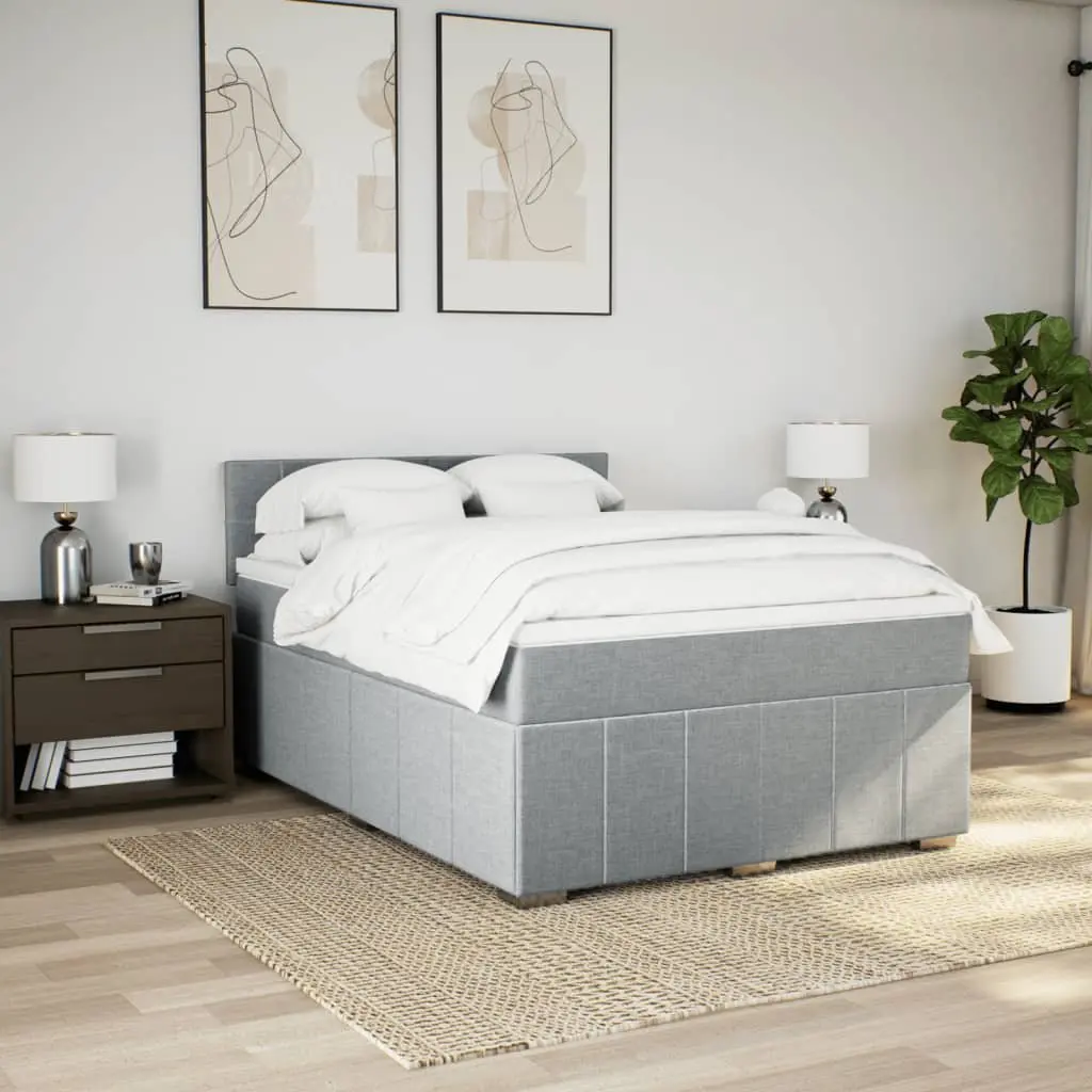 Queen Box Spring Bed with Pocket Spring Mattress Grey Fabric Bedroom Furniture