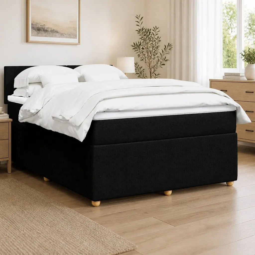 Double Box Spring Bed with Pocket Spring Mattress Black Fabric Frame