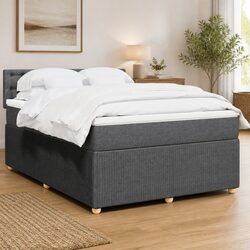 Double Box Spring Bed with Pocket Mattress Grey Fabric Frame Slats Support