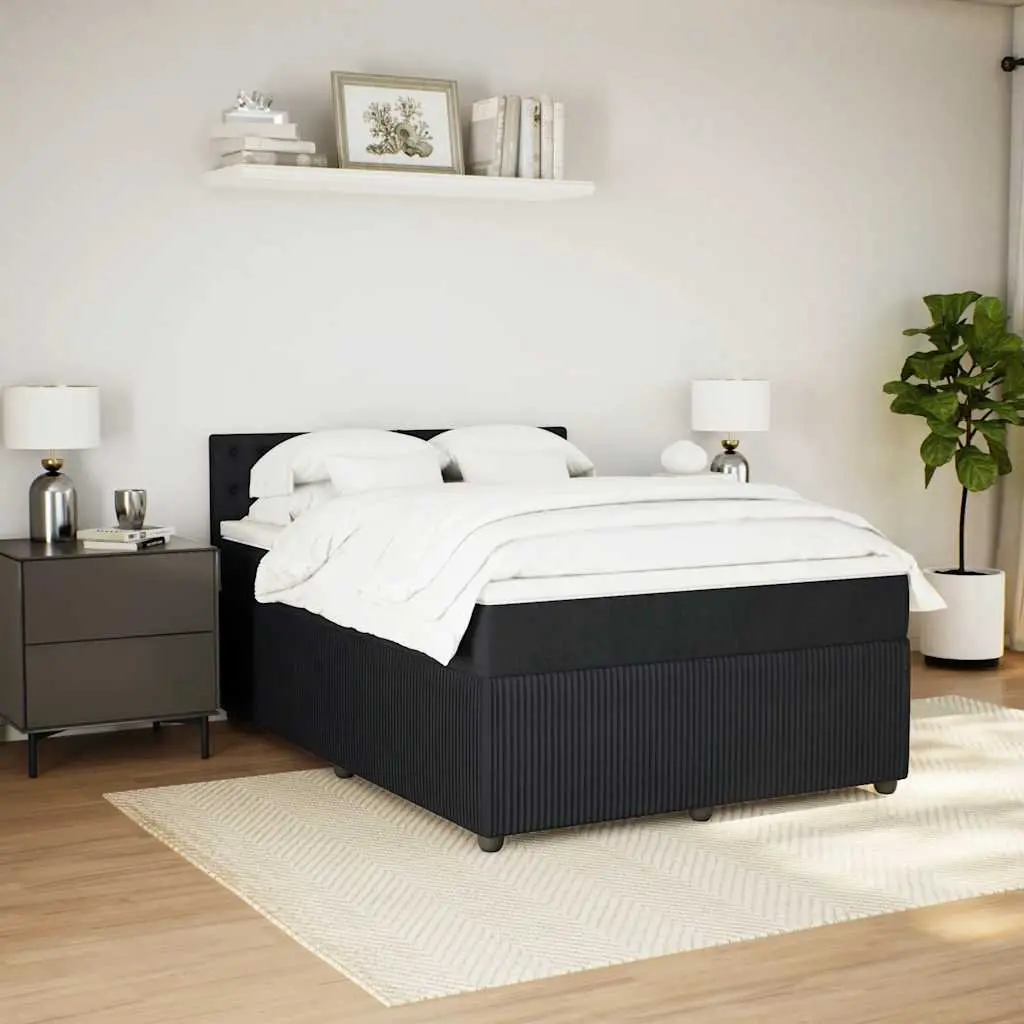 Double Box Spring Bed with Pocket Spring Mattress Black Fabric Frame Slats