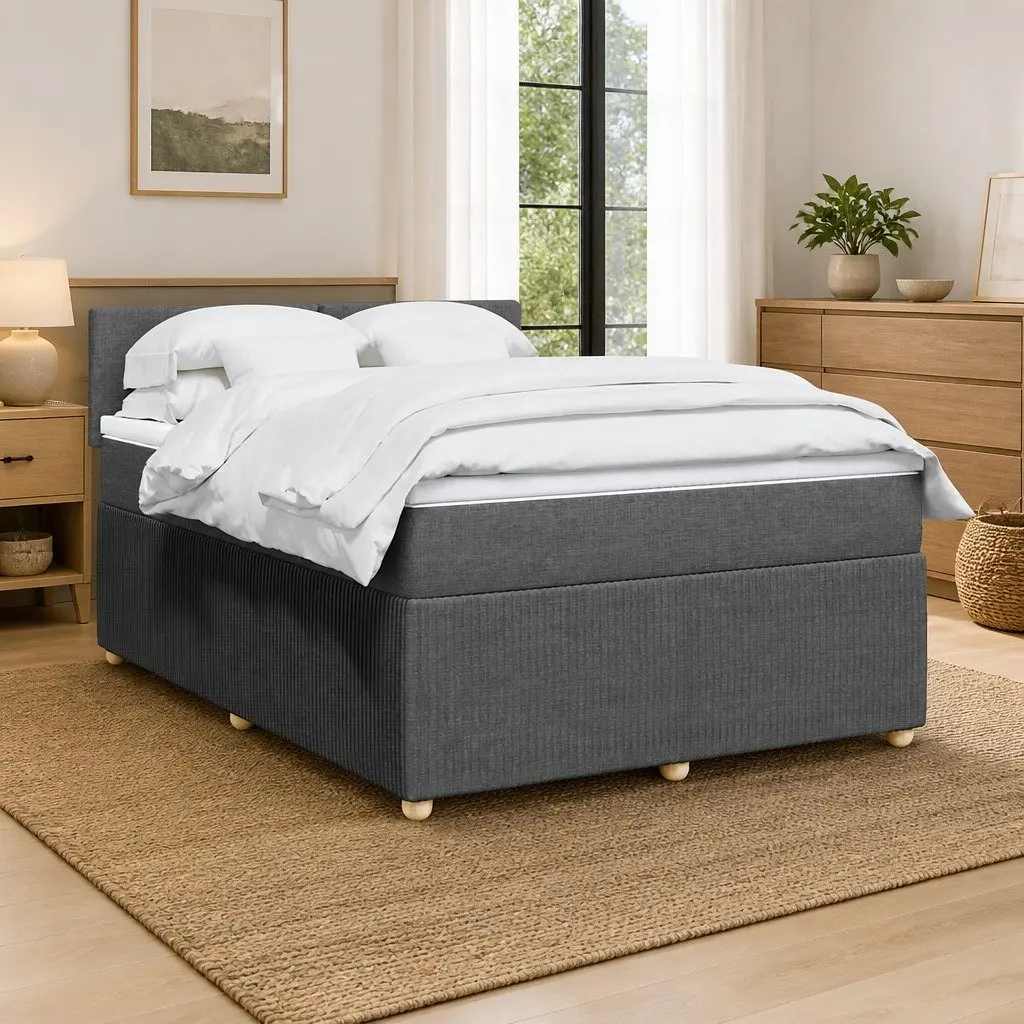 Queen Box Spring Bed with Pocket Mattress Dark Grey Fabric Frame Slats Support
