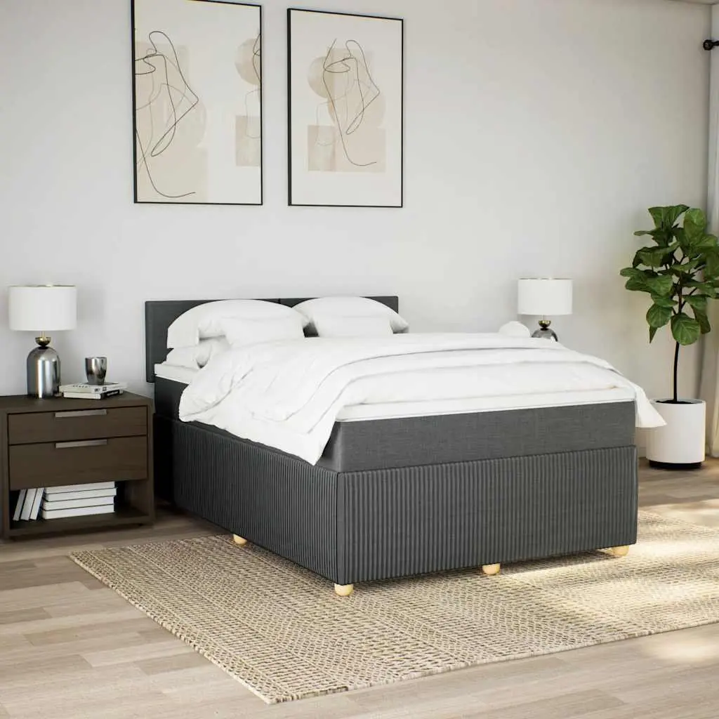 Queen Box Spring Bed with Pocket Mattress Dark Grey Fabric Frame Slats Support