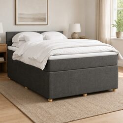 Queen Box Spring Bed with Pocket Mattress Grey Fabric Upholstered Frame Slats