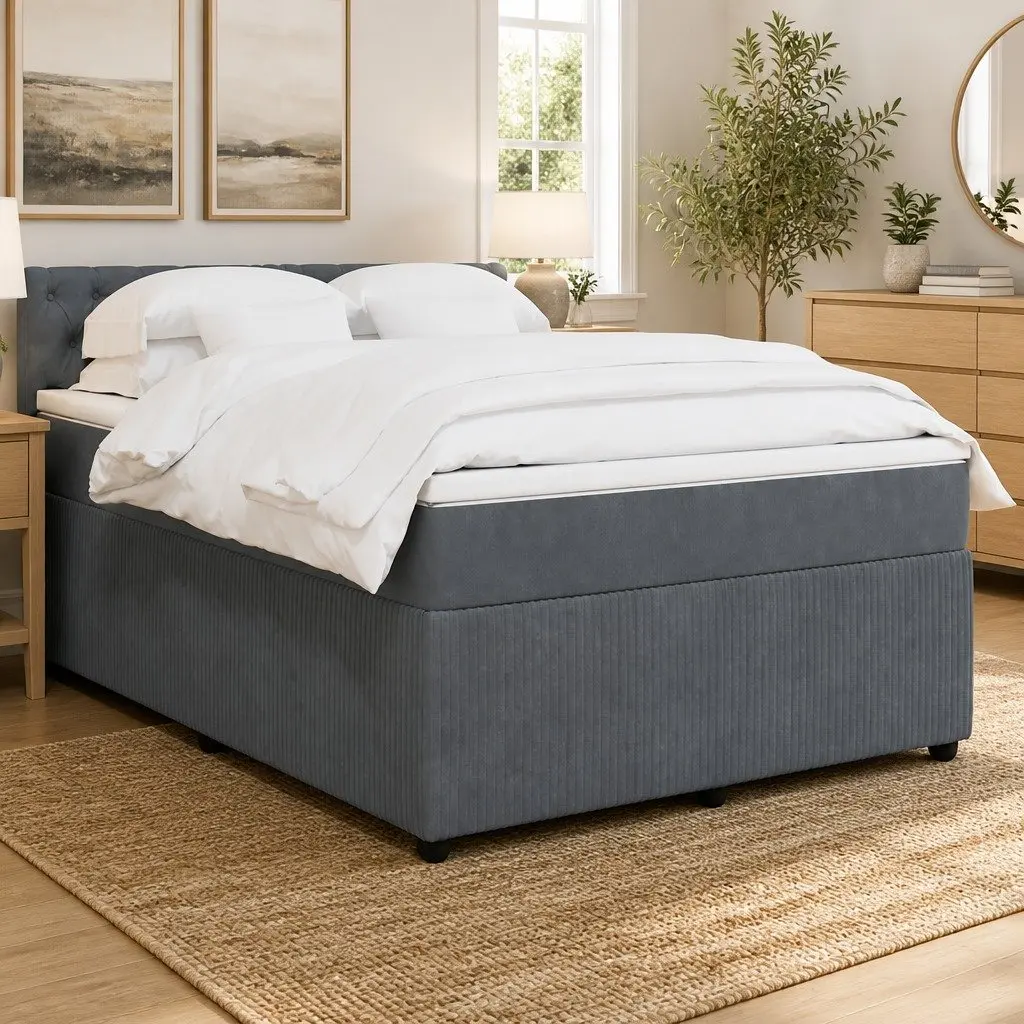 Queen Box Spring Bed for Bedroom with Pocket Mattress Velvet Grey Upholstered Frame