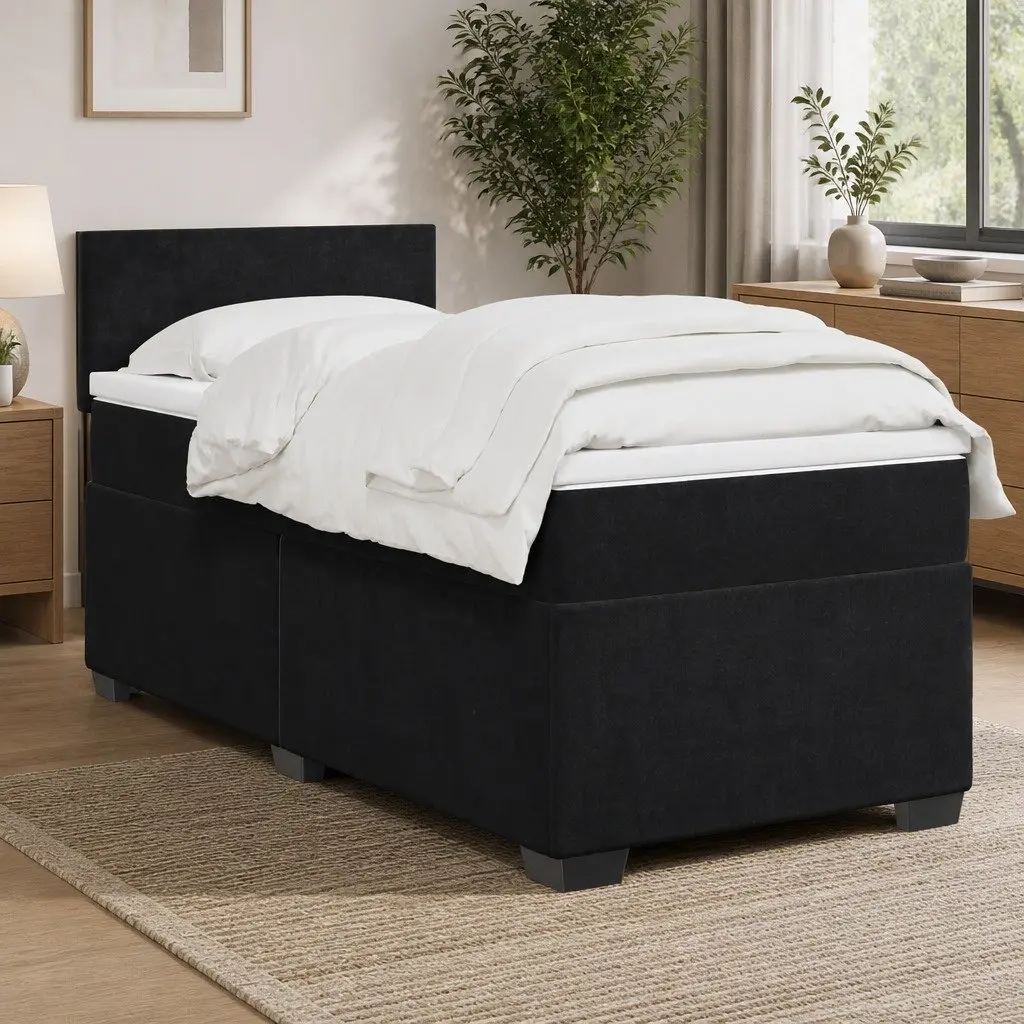 King Single Box Spring Bed with Pocket Spring Mattress LED Lights Black Fabric