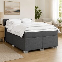 Double Box Spring Bed with Pocket Mattress LED Lights Grey Fabric Frame