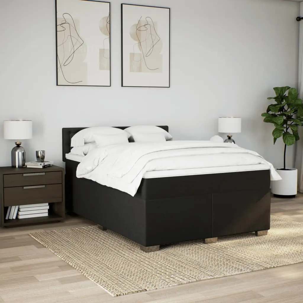 Double Box Spring Bed with Pocket Spring Mattress LED Lights Black Fabric