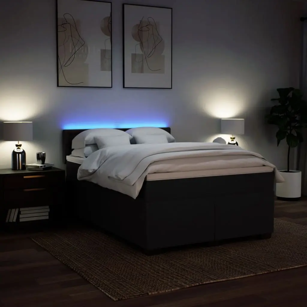 Double Box Spring Bed with Pocket Spring Mattress LED Lights Black Fabric