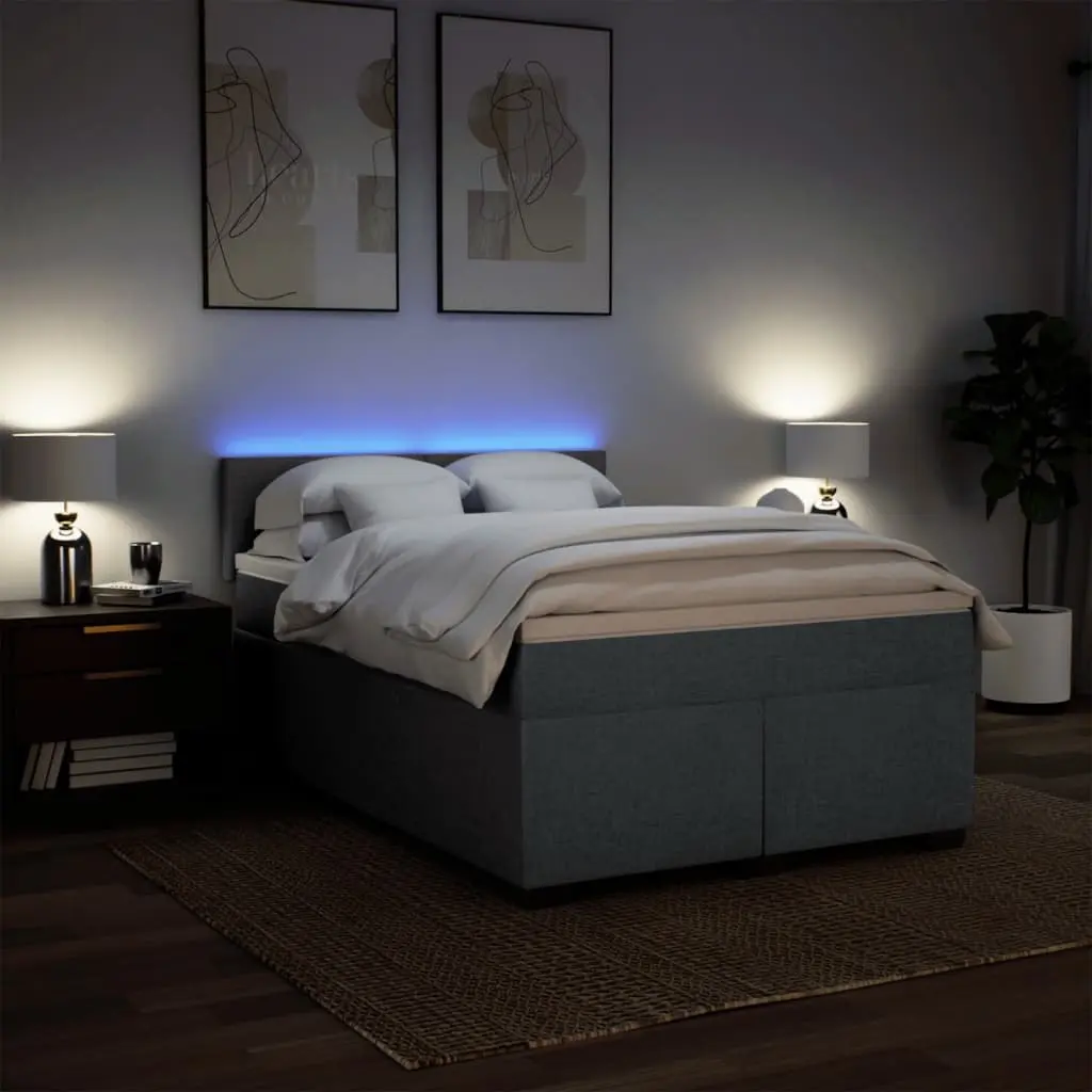 Queen Box Spring Bed with Pocket Spring Mattress LED Light Grey Fabric Bedroom