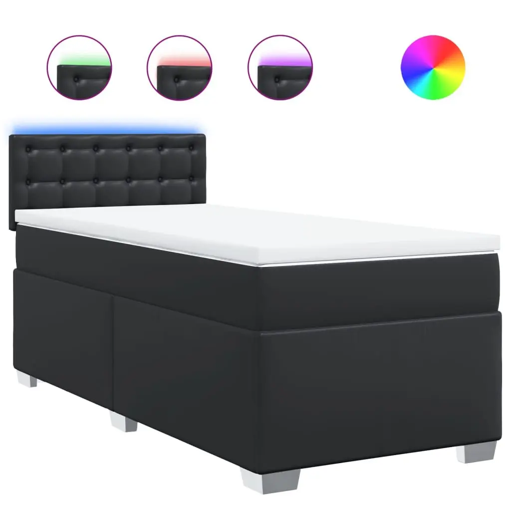 King Single Bed with Pocket Spring Mattress Black Faux Leather and LED Lighting
