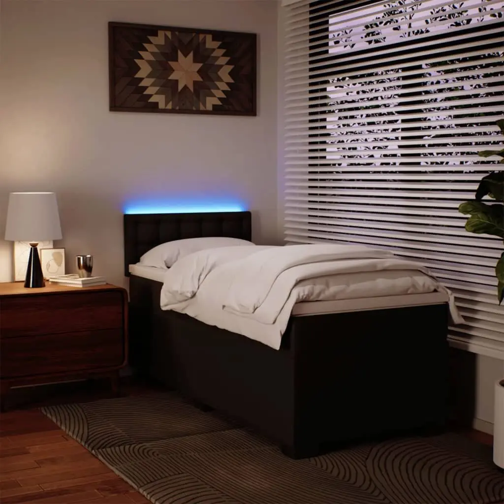 King Single Bed with Pocket Spring Mattress Black Faux Leather and LED Lighting