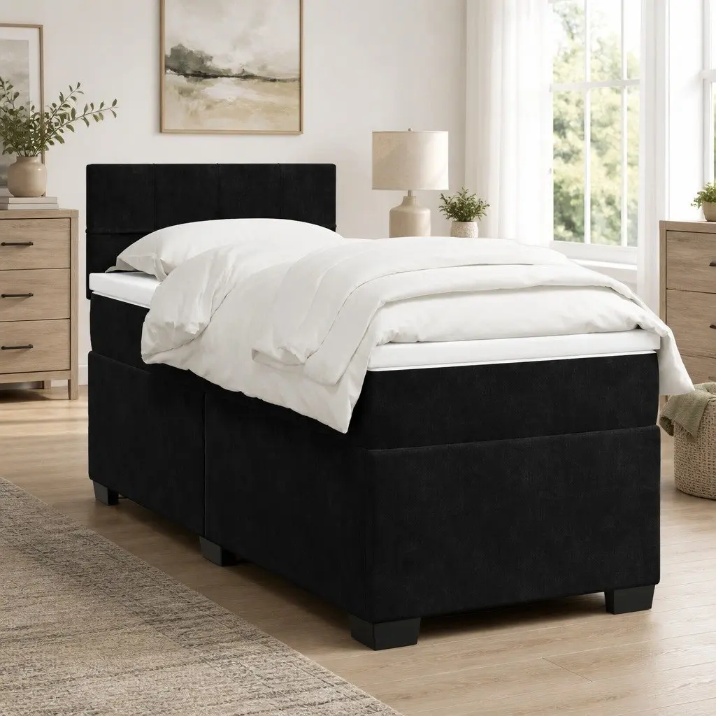 Box Spring Bed with Pocket Spring Mattress for Bedroom King Single Size Black Velvet