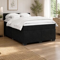 Box Spring Bed with Pocket Spring Mattress LED Lights Double Black Velvet