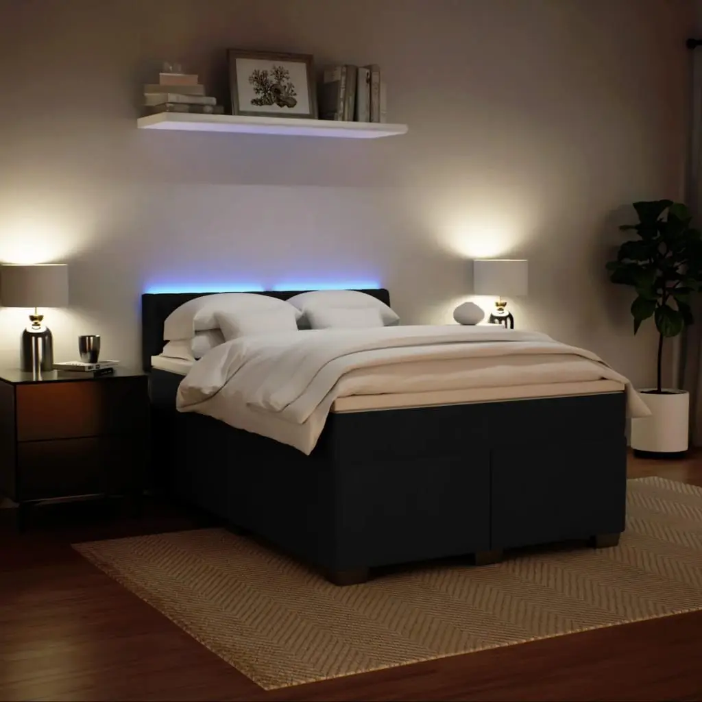 Double Box Spring Bed with Mattress Black Velvet LED Lights Bedroom Furniture